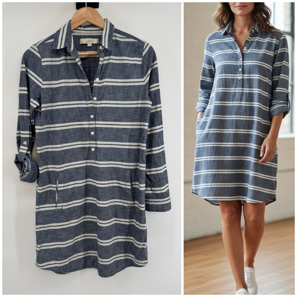 LOFT Navy and White Striped Chambray Nautical Dress Women's Size 4